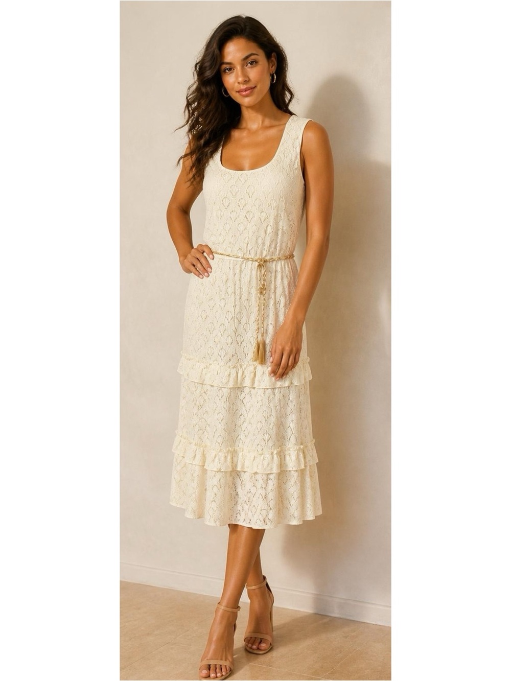 KATE & LILY Elegant Cream Lace Boho Midi Dress Sleeveless Ruffle Sz Medium